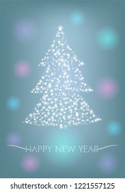 Christmas tree from snowflakes and stars. Happy New Year. Blue background with luminescent glow. New Year greeting card or invitation.