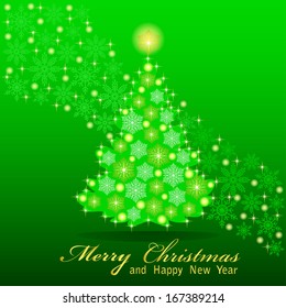 Christmas tree with snowflakes and stars on a green background. Vector illustration