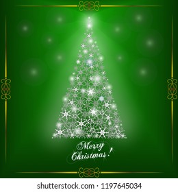 Christmas tree from snowflakes vector background. Christmas tree with shining star and
with inscription Merry Christmas. Vector illustration.