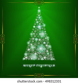 Christmas tree from snowflakes vector background. Christmas tree with shining star on an abstract background. Vector illustration.