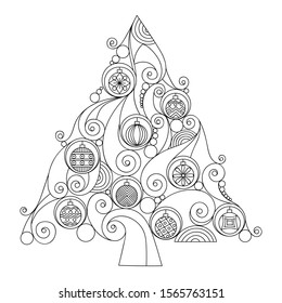 Christmas tree and snowflakes. Vector illustration for adult and kids coloring book anti stress. Doodle style. Black and white Sketch. Zentangle