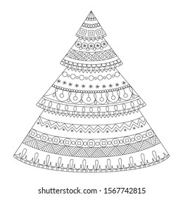 Christmas tree and snowflakes. Vector illustration for adult and kids coloring book anti stress. Doodle style. Black and white Sketch. Zentangle