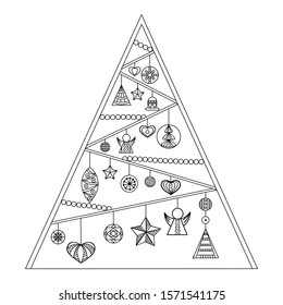 Christmas tree and snowflakes. Vector illustration for adult and kids coloring book anti stress. Doodle style. Black and white Sketch. Zentangle