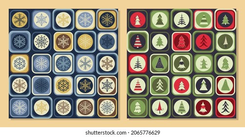 Weihnachtsbaum und Schneeflocken - Vektornahtlose Muster im Retro-Stil. Skandinavischer Stil. Hintergrund für Gewebe, Textilien, Tapeten, Poster, Geschenkpapier, Servietten, Verpackungen, Tischdecken. 