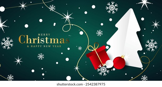 Christmas tree and snowflakes winter vector green background. New Year and Christmas card, poster, banner