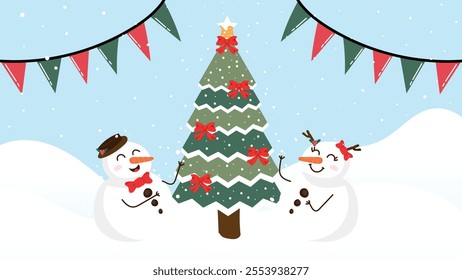 christmas tree with snowman background vector design