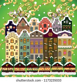 Christmas tree and snowman. Concept for greeting or postal card. A house in a snowy Christmas landscape at night. Vector illustration.