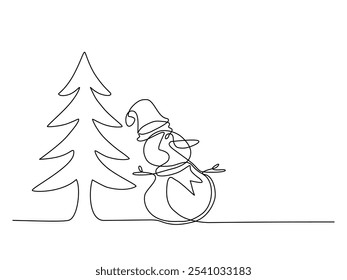 Weihnachtsbaum mit Schneemann, durchgehende einzeilige Zeichnung des Schneemann-Weihnachtsbaums einzeln auf weißem Hintergrund, Vektorgrafik-Design