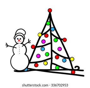 Christmas tree with snowman and decorations. Vector illustration.