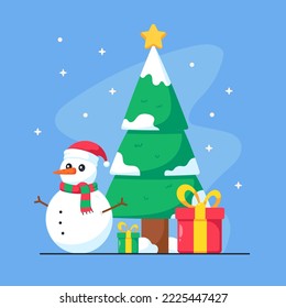 christmas tree and snowman flat illustration vector icon isolated