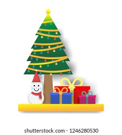 Christmas tree with snowman and gift box Styles paper art design.