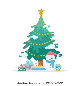 Christmas tree with snowman and gifts. vector illustration