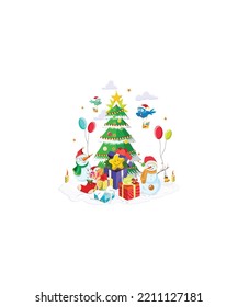 Christmas tree, snowman, gifts, Xmas icons, jingle bells vector isolated on white background. Perfect for coloring book, textiles, icon, web, painting, books, t-shirt print.  