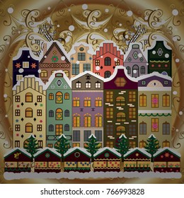 Christmas tree and snowman. A house in a snowy Christmas landscape at night. Concept for greeting or postal card. Vector illustration.