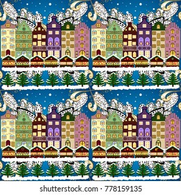 Christmas tree and snowman. A house in a snowy Christmas landscape at night. Concept for greeting or postal card. Vector illustration.