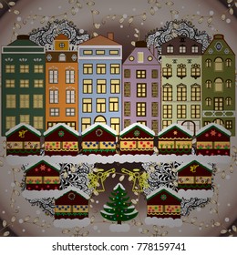 Christmas tree and snowman. A house in a snowy Christmas landscape at night. Vector illustration. Concept for greeting or postal card.