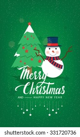 Christmas Tree and Snowman on a green background.