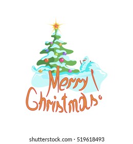 Christmas tree with a snowman on a white background, Christmas, vector illustration