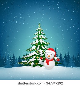 The Christmas tree and snowman on the winter forest background