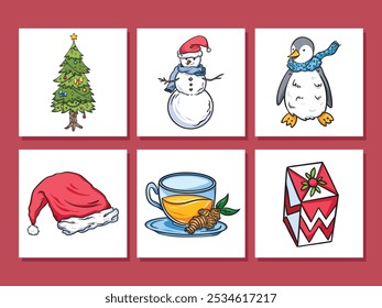 Christmas tree, snowman, penguin, santa hat, ginger tea, and gift box illustration set. Simple flat outlined cartoon art styled Christmas themed drawing.