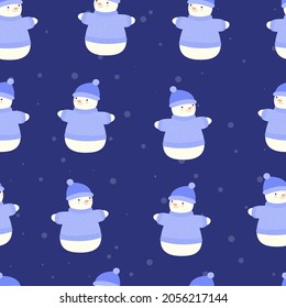 Christmas tree snowman in Santa hat seamless pattern. new Year's pattern. stock vector illustration on a dark blue background.