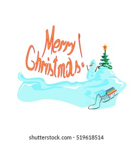 Christmas tree with snowman and sled on a white background, Christmas, vector illustration