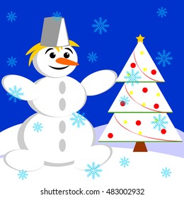 Christmas tree and snowman in the snow