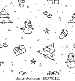 Christmas tree snowman sock gift and Santa Claus seamless pattern holiday isolated on white background