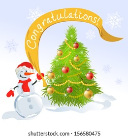 Christmas tree and snowman. vector illustration