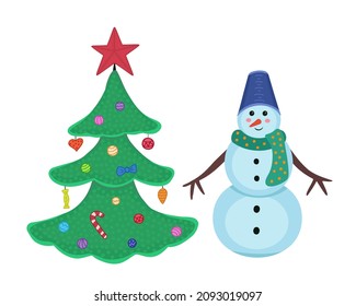 Christmas tree and snowman. Vector Illustration for printing, backgrounds, covers, packaging, greeting cards, posters, sticker and seasonal design. Isolated on white background.