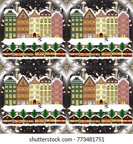 Christmas tree and snowman. Vector illustration. Concept for greeting or postal card. A house in a snowy Christmas landscape at night.