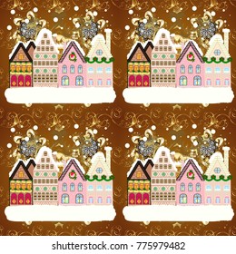 Christmas tree and snowman. Vector illustration. A house in a snowy Christmas landscape at night. Concept for greeting or postal card.