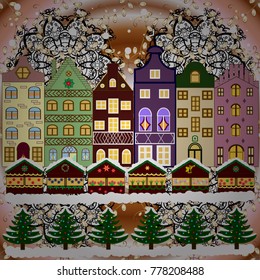 Christmas tree and snowman. Vector illustration. Concept for greeting or postal card. A house in a snowy Christmas landscape at night.