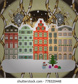 Christmas tree and snowman. Vector illustration. A house in a snowy Christmas landscape at night. Concept for greeting or postal card.