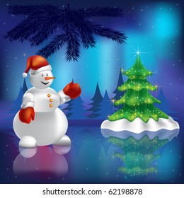 Christmas tree and snowman in the woods