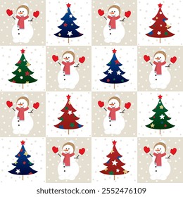 Árvore de Natal, bonecos de neve, árvores em várias cores, cores de gradiente, padrão sem emenda
