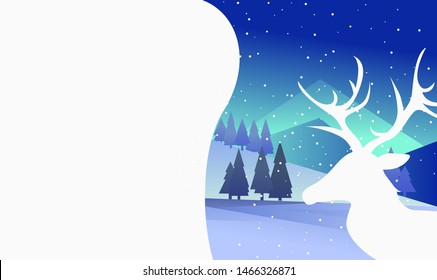 Christmas tree in snowy forest. Snowfall at night with reindeer and copy space. Christmas concept. Vector illustration can be used for topics like Xmas and New Year greetings