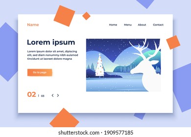 Christmas tree in snowy forest. Snowfall, night, deer, copy space. Christmas concept. Vector illustration can be used for topics like Xmas, greetings, New Year
