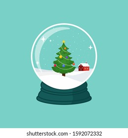 christmas tree and snowy house inside a crystal ball Vector