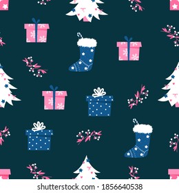 Christmas tree, sock, gift on a blue background. Hand drawn Christmas pattern. New year elements for wrapping paper design. Vector stock illustration.