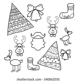 Christmas tree, socks, Santa's beard, bells, reindeer doodle set
vector outline illustration