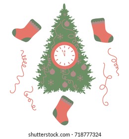 Christmas tree, christmas socks, snowflakes, ball, streamers and clock with arrows showing a few minutes until midnight. Design for postcard, banner, poster or print.