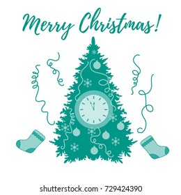 Christmas tree, christmas socks, snowflakes, ball, streamers and clock with arrows showing a few minutes until midnight. Design for postcard, banner, poster or print.