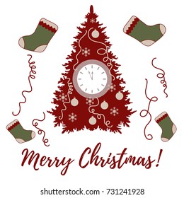 Christmas tree, christmas socks, snowflakes, ball, streamers and clock with arrows showing a few minutes until midnight. Design for postcard, banner, poster or print.