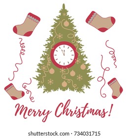 Christmas tree, christmas socks, snowflakes, ball, streamers and clock with arrows showing a few minutes until midnight. Design for postcard, banner, poster or print.