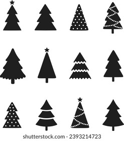 Christmas tree solid black icon. Holiday design elements set. Symbol collection. Signs pack. Editable stroke.  Happy New Year vector illustration.