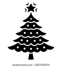 Christmas tree solid icon, New Year concept, fir-tree sign on white background, Christmas tree with decorations and star icon in glyph style for mobile and web design. Vector graphics