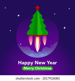 Christmas tree in space against the background of the starry sky. Merry Christmas and Happy New Year square banner 