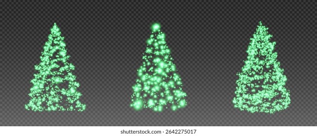 Christmas tree, sparkling lights in the shape of a fir tree on a transparent background. New Year tree made of glowing lights, gold, white, blue, green, vector, png.
