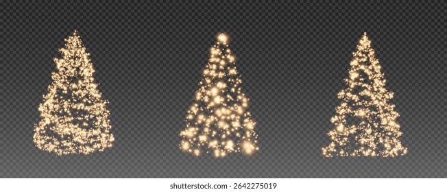 Christmas tree, sparkling lights in the shape of a fir tree on a transparent background. New Year tree made of glowing lights, gold, white, blue, green, vector, png.
